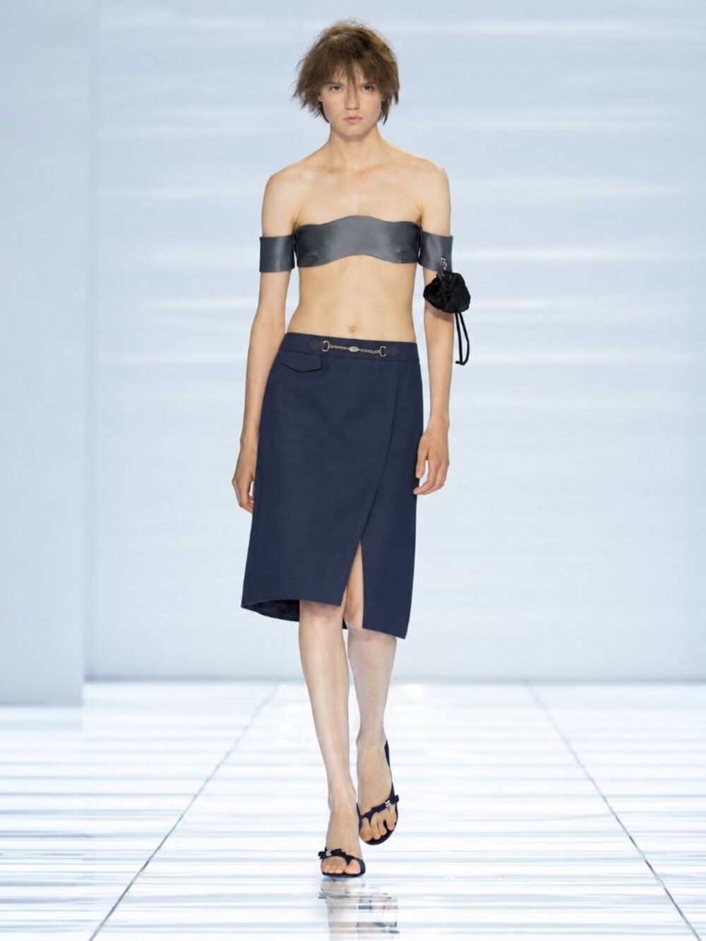 Classic Minimalist Navy Skirt Gold Chain Detail Wool Blend Fully Lined
